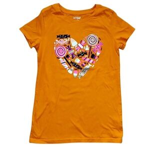 Cat & Jack Girls Orange Halloween Candy Love Short Sleeve‎ Shirt Size XL 14-16